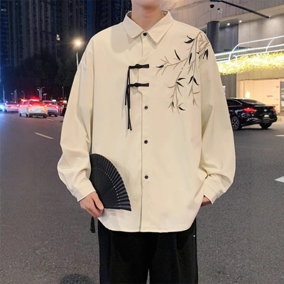 Bamboo Embroidered Long Sleeve Shirt for Men Chinese style
