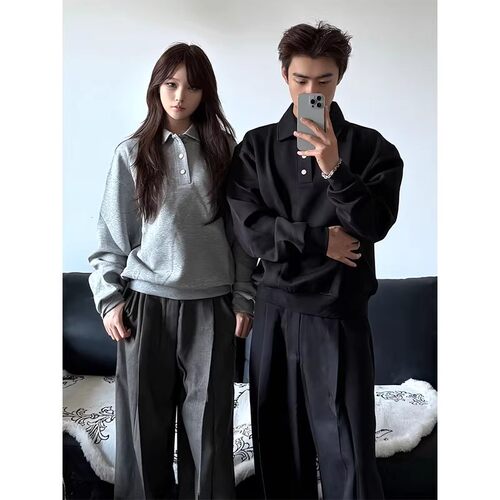 美式复古polo翻领重磅卫衣男女秋潮牌硬挺感cleanfit短款外套