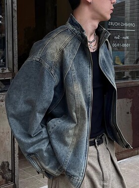 牛仔外套男痞帅潮流美式复古立领拉链夹克上衣Men's denim jacket