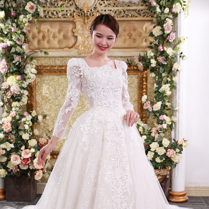 2021年春季蔡美月婚纱新款女装新娘法式复古泡泡袖白纱婚纱