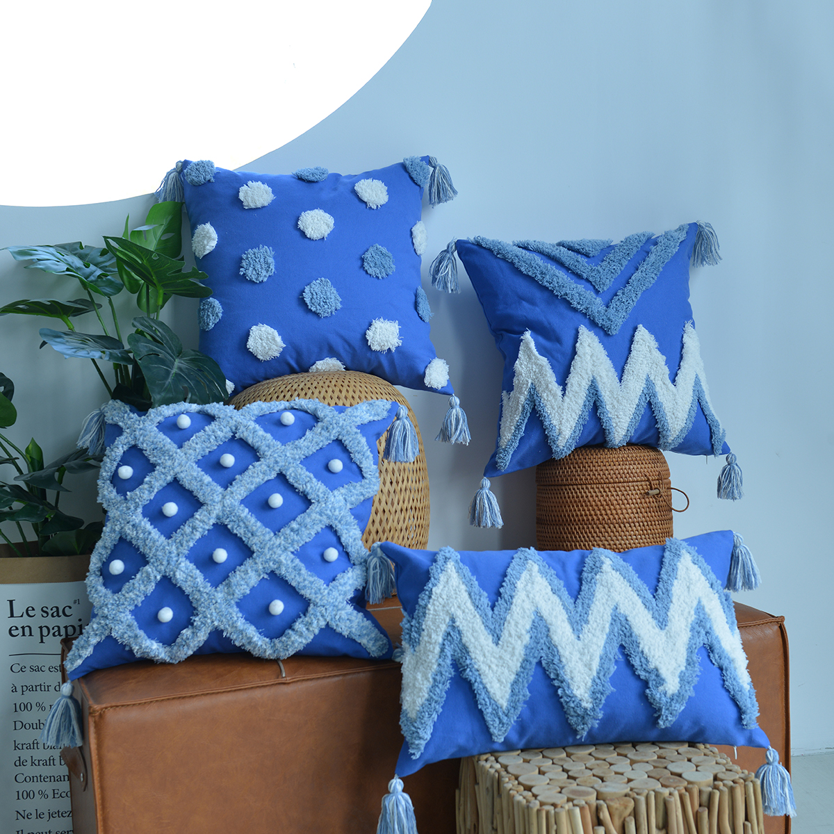 蓝色纯棉棉刺绣流苏腰枕沙发靠垫