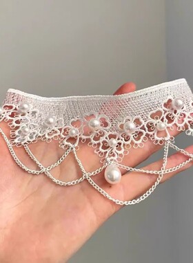 跨境新款万圣节蕾丝珍珠流苏项链欧美风轻奢小众锁骨链颈链女项圈