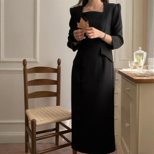 2025年春韩国东大门insU领长袖连衣裙高品修身西服料长款连衣裙女