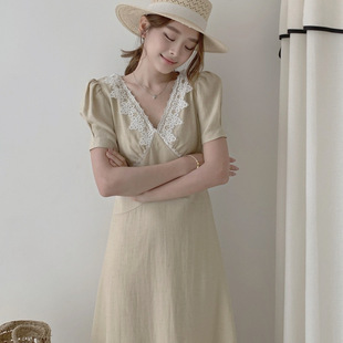 2025年新款韩国东大门气质修身天丝连衣裙纯色ins风蕾丝花边长裙