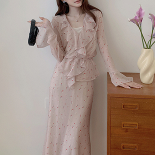 26年春新法式温柔风荷叶边碎花连衣裙女显瘦修身甜美气质百搭长裙
