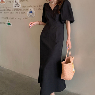 2025年夏季新款韩国东大门V领连衣裙网纱泡泡袖系带收腰显瘦长裙