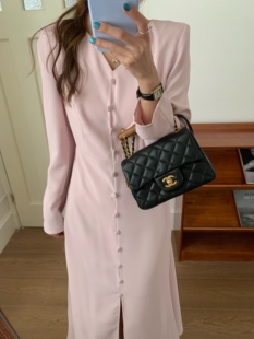 2025年春季新韩国东大门V领连衣裙法式西服面料系带收腰开叉长裙