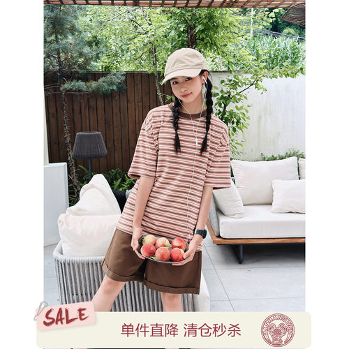 【旷野与自由】初中生女T恤2026夏装新款青少年复古条纹短袖上衣