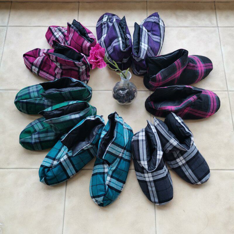 特出口日本英伦格子男女士60白鸭绒室内地板羽绒鞋居家冬季棉拖鞋