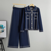 翻领单排扣气质开衫 时尚 针织套装 女休闲裤 子 新款 阔腿裤 秋冬季