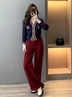 女装爆款2025新款高级感红色V领蕾丝拼接针织衫上衣休闲牛仔裤子