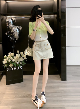 绿色渐变针织衫短袖上衣套装2025夏季新款减龄洋气时尚牛仔短裤女