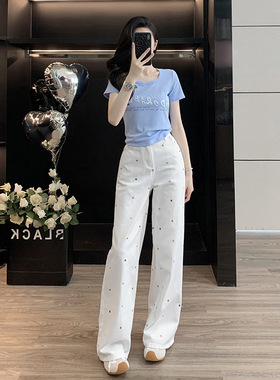 蓝色短款短袖T恤上衣女装2025夏季新款高腰宽松休闲百搭牛仔裤子