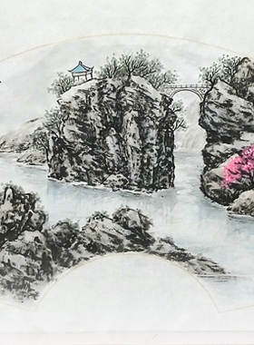 纯手绘山水画鸿运青山祥云扇面