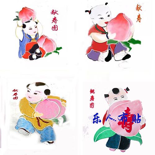 布贴画 童子献寿诞祝寿献寿图 生日礼物 DIY半成品定制