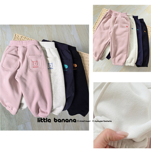 不打折 韩国代工厂童装男女童冬季新款厚实卡通口袋运动加绒卫裤