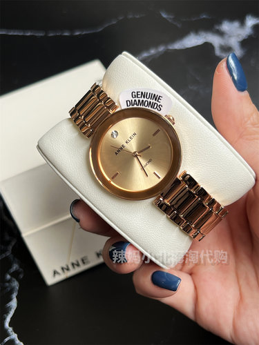现货美国Anne Klein 1363玫瑰金色金属表带水钻女士简约石英手表