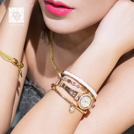 现货美国Anne Klein 2238少女粉色玫瑰金女士手镯手表礼盒套装