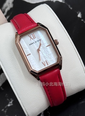 现货美国代购ANNE KLEIN正红色皮带气质简约矩形贝母表盘女士手表