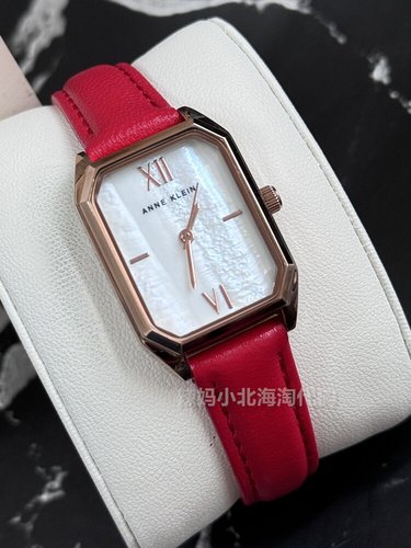 现货美国代购ANNE KLEIN正红色皮带气质简约矩形贝母表盘女士手表
