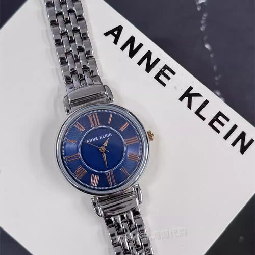 现货美国anne klein藏蓝色罗马数字表盘女士银色石英手表白领通勤