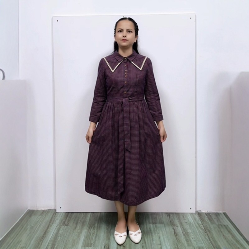 桂系秋季翻领长袖文艺淑女学院风优雅气质修身格子中长棉布连衣裙