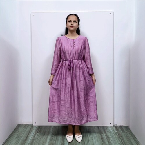 淑女风A字摆天丝纯色中长连衣裙