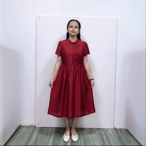 淑女风A字摆天丝纯色中长连衣裙