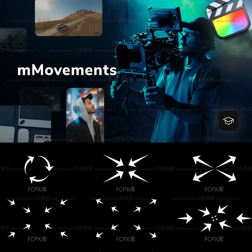 FCPX插件50多种摄像机移动模拟摇晃缩放旋转拉伸抖动畸变运镜动画