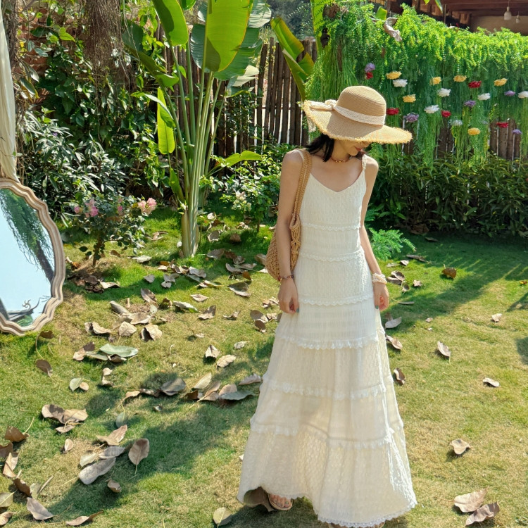 吴零零【奶油千层】法式氛围感蛋糕裙白色蕾丝拼接吊带连衣叠穿