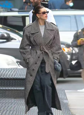 Hailey Bieber朴彩英同款高级感黑灰色人字纹羊毛呢超长大衣外套
