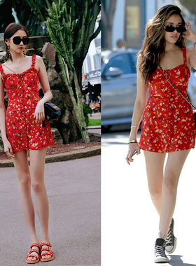 Madison Beer关晓彤戛纳同款吊带木耳边印花收腰性感纽扣裙连衣裙