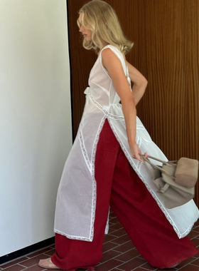 elsa hosk同款欧美明星白色微透薄款蕾丝花边V领无袖长裙外搭长衫