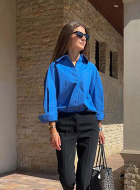 法式克莱因蓝色衬衫女通勤长袖设计感小众内搭休闲宽松衬衣