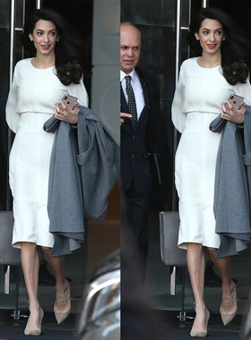 高端定制Amal Clooney同款OL风纯色简约大方时尚七分袖高腰连衣裙