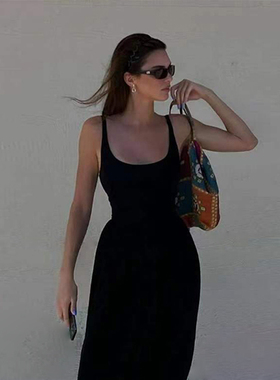 欧美风Kendall Jenner同款简约露背褶裥绉纱高腰中长背心连衣裙夏