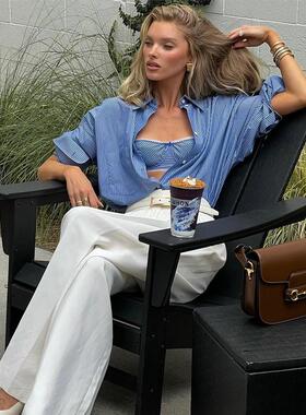 Elsa Hosk同款纯白色西装裤女高腰显瘦直筒阔腿裤时尚休闲裤子