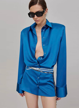 衬衫连衣裙2025春秋新款深蓝色长袖修身显瘦气质短款紧身包臀裙女