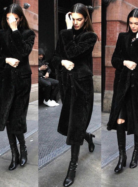 肯豆新款街拍kendall同款冬季保暖过膝仿皮毛皮草兔毛长大衣外套