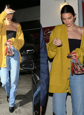 Kendall春秋新款宽松慵懒风时尚圆领单排扣显瘦姜黄色针织外套女