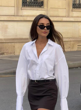 IMI自制慵懒风单口袋长袖白衬衫法式小众简约休闲舒适上衣