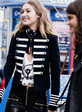 吉吉同款气质小众设计感百搭西服蓝色拼接白色撞色海军风短外套女