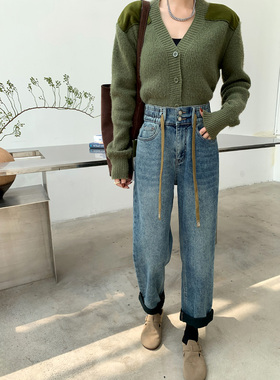 ins美式复古加州风！秋冬薄绒加绒做旧水洗蓝宽松直筒牛仔裤88008