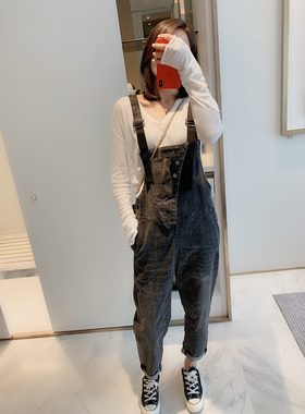 秋冬原宿风背带裤新款欧洲站BF港味复古显瘦宽松大码牛仔裤79631