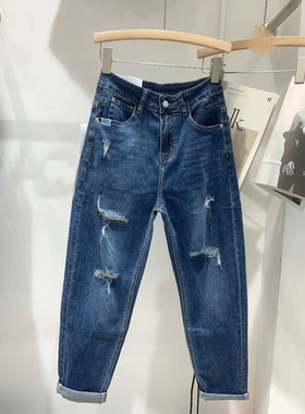 捡漏！超薄面料夏款街头范破洞高腰萝卜裤宽松9九分牛仔裤女71037
