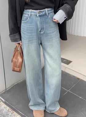 反季浅色吼吼看！加绒窄版棉质高腰阔腿裤直筒牛仔裤拖地裤79109