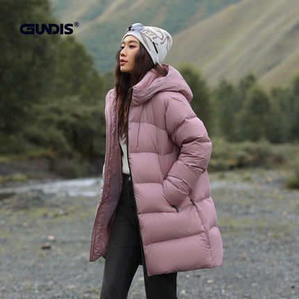 GUNDIS冬款2025加厚90白鹅绒90绒连帽羽绒服中长款F600