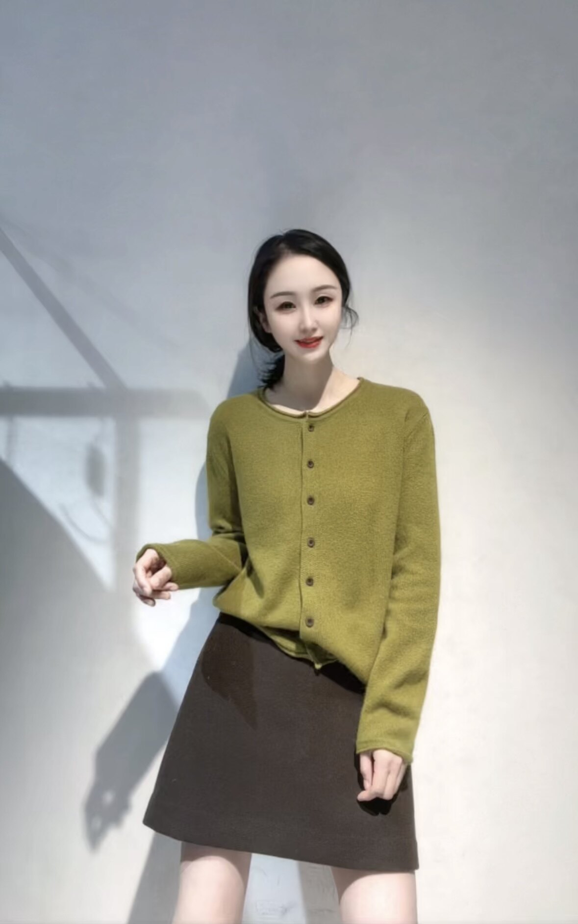 南油高品森系芥末绿长袖针织绵羊毛开衫女秋冬百搭休闲慵懒风毛衣