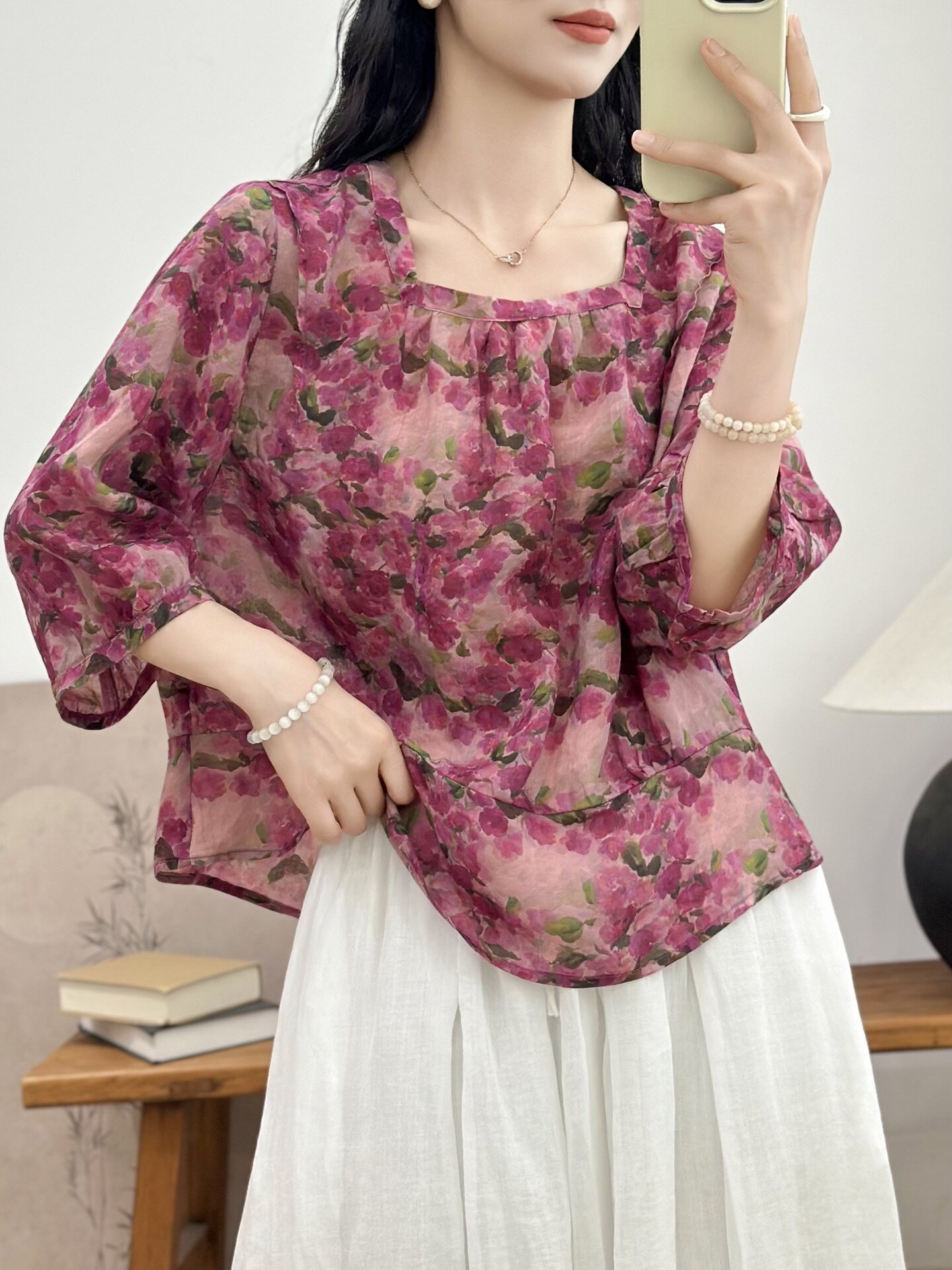 数码印花2026森女系复古印花小一字领苎麻衬衫女减龄娃娃款上衣女
