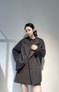 南油高品2026秋冬新款羊绒拉毛绒感中长款大衣宽松慵懒风女士外套